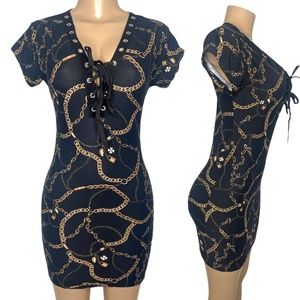 New Black with Chains Women Bodycom stretchy Dress Size S/M Sexy Mini Dress